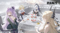 4girls absurdres apron azur_lane black_crown black_dress blonde_hair breasts bridal_veil cake cake_slice cleavage closed_eyes closed_mouth crown cup dress flower food game_cg glorious_(azur_lane) glorious_(meta)_(azur_lane) grenville_(azur_lane) grenville_(meta)_(azur_lane) grey_background hair_ornament highres holding holding_cup long_hair maid maid_apron maid_headdress multiple_girls outdoors purple_hair queen_elizabeth_(azur_lane) queen_elizabeth_(meta)_(azur_lane) red_eyes sheffield_(azur_lane) sheffield_(meta)_(azur_lane) side_ponytail sitting table tea veil very_long_hair
