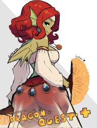 Rule 34 | 1girl, alt text, ass, back fin, bandeau, black eyes, breasts, colored skin, commentary, copyright name, cowboy shot, curly hair, dragon quest, dragon quest x, english commentary, fins, fish girl, green skin, hand fan, head fins, highres, holding, holding fan, jewelry, looking back, lunchiblz, medium breasts, medium hair, monster girl, off shoulder, pants, pendant, profile, red hair, red pants, roto&#039;s emblem, see-through clothes, see-through skirt, skirt, smile, solo, weddie (dq10), white background, white bandeau, white sleeves