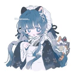 1girl :3 :d animal_ears apron black_ribbon blue_eyes blue_hair blush cat_ears cropped_torso floral_print frilled_apron frills hair_ornament hair_ribbon hand_up japanese_clothes kimono long_hair long_sleeves looking_at_viewer maid maid_headdress memuro open_mouth original pointy_ears ribbon smile twintails twitter_username upper_body wa_maid white_apron white_background wide_sleeves