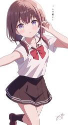 Rule 34 | 1girl, black socks, blush, bow, bowtie, brown hair, brown shoes, brown skirt, collared shirt, commentary request, cowboy shot, hand up, highres, loafers, long hair, looking at viewer, original, parted lips, pleated skirt, purple eyes, red bow, red bowtie, school uniform, serafuku, shirt, shoes, short sleeves, signature, simple background, skirt, socks, solo, standing, standing on one leg, translation request, uru aoi23, white background, white shirt