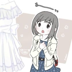 Rule 34 | 1girl, anchor print, anchor symbol, backpack, bag, black hair, blue dress, dress, fubuki (anniversary) (kancolle), fubuki (kancolle), fubuki (spring) (kancolle), hair down, hands on own chest, hood, hooded jacket, jacket, kantai collection, lowres, official alternate costume, open mouth, polka dot, polka dot dress, rikka (licca coffee), solo, unworn clothes, white dress, white jacket