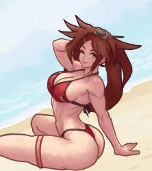 1girl arm_support ass beach bikini breasts brown_hair cleavage guilty_gear highres huge_ass kuradoberi_jam large_breasts legs long_hair looking_at_viewer looking_back ocean red_bikini seductive_gaze seductive_smile sideboob sitting smile solo swimsuit thighs thong_bikini toned very_long_hair water
