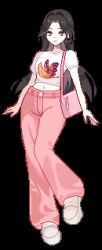 Rule 34 | 1girl, animated, animated gif, bag, black eyes, black hair, breasts, brown eyes, commentary, commission, english commentary, full body, handbag, heterochromia, highres, long hair, looping animation, medium breasts, midriff, mimpish, navel, original, pale skin, pants, pink pants, pixel art, shirt, solo, white shirt