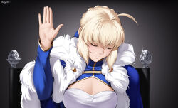 Rule 34 | 1girl, ahoge, armor, armored dress, artist name, artoria pendragon (fate), black background, blonde hair, blue dress, braid, braided bun, cape, chair, cleavage cutout, closed eyes, closed mouth, clothing cutout, commentary, dress, english commentary, fate (series), fur-trimmed cape, fur trim, gradient background, grey background, hair bun, hand up, head tilt, long sleeves, medium hair, meme, open hand, saber (fate), sidelocks, silence pothead an alcoholic is talking (meme), single hair bun, sitting, upper body, zealyush