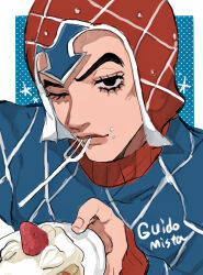 1boy argyle_clothes argyle_hat argyle_sweater black_eyes blue_background blue_theme cake character_name earrings eyelashes food food_on_face guido_mista halftone halftone_background hat highres holding holding_cake holding_food jewelry jojo_no_kimyou_na_bouken looking_at_viewer male_focus matubaru_chan one_eye_closed portrait red_hat ribbed_sweater solo stud_earrings sweater utensil_in_mouth vento_aureo