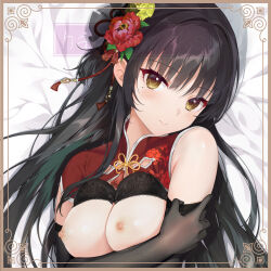 1girl arm_under_breasts artist_name bare_shoulders bed_sheet black_bra black_gloves black_hair blush border bra bra_lift breasts breasts_out brown_border cafe_stella_to_shinigami_no_chou closed_mouth dakimakura_(medium) elbow_gloves flower gloves hair_flower hair_ornament hair_spread_out haku89 head_tilt highres long_hair lying medium_breasts mole mole_under_eye nipples on_back on_bed red_flower shiki_natsume smile solo underwear upper_body yellow_eyes