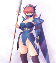 1girl armor breasts cleavage dragoon dragoon_(final_fantasy) final_fantasy final_fantasy_v green_eyes groin helmet holding holding_weapon kirishima_satoshi large_breasts lenna_charlotte_tycoon leotard looking_at_viewer pink_hair polearm short_hair simple_background solo spear thighhighs weapon white_background