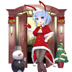 1girl animal_ears blue_eyes blue_hair breasts christmas_tree door dress gerda_smoothie gloves kusaka_souji open_door pantyhose rabbit_ears red_gloves santa_costume santa_dress short_hair small_breasts snowman uchi_no_hime-sama_ga_ichiban_kawaii