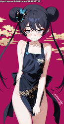 1girl absurdres apron apron_tug averting_eyes black_apron black_hair blue_archive butterfly_hair_ornament cowboy_shot double_bun grey_eyes hair_bun hair_ornament highres kisaki_(blue_archive) long_hair momobug22 naked_apron red_background solo standing twintails very_long_hair
