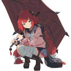 1girl absurdres black_choker black_sailor_collar boots bow bowtie brown_boots cardigan chest_bow choker full_body green_eyes highres long_hair looking_at_viewer loose_thighhigh lupinu5 pink_cardigan red_hair red_umbrella sailor_collar school_uniform smile squatting striped_clothes striped_thighhighs thighhighs twintails ukinami_yuzuha umbrella white_background white_bow white_bowtie zenless_zone_zero