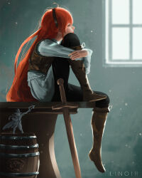 1girl barrel black_hairband book boots brown_boots brown_vest dress eris_greyrat figure from_side full_body hairband hat highres holding hugging_own_legs indoors knee_boots knee_to_chest leather_vest linoir long_hair long_sleeves mage_staff mushoku_tensei paid_reward_available pants realistic red_eyes red_hair shirt signature sitting sitting_on_table solo sword table very_long_hair vest weapon white_shirt window wooden_sword