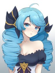 1girl absurdres ahoge bare_shoulders black_bow blush bow breasts caroffy cleavage collarbone cowboy_shot drill_hair gradient_background green_eyes green_hair gwen_(league_of_legends) hair_bow highres large_breasts league_of_legends long_hair puffy_short_sleeves puffy_sleeves short_sleeves smile solo star_(symbol) twin_drills twintails upper_body