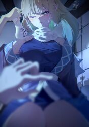 2girls alcohol alternate_hair_length alternate_hairstyle blonde_hair blurry blurry_foreground breasts brown_shirt chi_xian_fan_de_hai_niao colored_inner_hair commentary_request female_pov green_eyes green_hair highres hoshiguma_yuugi hoshiguma_yuugi_(kimono) indoors large_breasts long_hair looking_at_viewer mizuhashi_parsee multicolored_hair multiple_girls night one_eye_closed pointy_ears pov pov_hands red_pupils sake shirt short_hair shouji signature sliding_doors smile solo_focus tokkuri touhou upper_body yuri