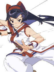 Rule 34 | 1girl, ainu clothes, black hair, bouncing breasts, breasts, clenched hand, fingerless gloves, gloves, grey eyes, hair ribbon, highres, large breasts, legs, looking at viewer, nakoruru, ooiwa (irc14786149), pants, ribbon, samurai spirits, serious, snk, solo, the king of fighters, the king of fighters xv, thighs, weapon