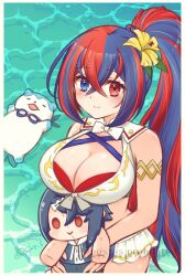 1girl alcryst_(fire_emblem) alternate_hairstyle bikini blue_bikini blue_eyes blue_hair blush breasts character_doll cleavage closed_mouth criss-cross_halter crossed_bangs doll female_alear_(fire_emblem) female_alear_(seaside_dragon)_(fire_emblem) fire_emblem fire_emblem_engage fire_emblem_heroes flower goggles goggles_around_neck gold_armlet gold_thighlet hair_between_eyes hair_flower hair_ornament halterneck heterochromia large_breasts long_hair multicolored_bikini multicolored_hair multicolored_swimsuit nintendo ocean official_alternate_costume official_alternate_hairstyle outdoors pants ponytail red_bikini red_eyes red_hair shirt short_hair showgirl_skirt skt_s smile solo sommie_(fire_emblem) split-color_hair swimsuit thighs two-tone_hair very_long_hair water white_bikini wide_hips