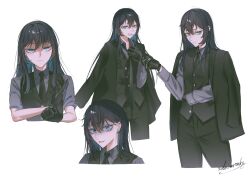 1girl absurdres ado_(utaite) aegyo_sal black_gloves black_hair black_jacket black_necktie black_pants black_vest blue_eyes blue_hair chando_(ado) clenched_teeth collared_shirt colored_inner_hair commentary ear_piercing earrings gloves grey_shirt highres jacket jacket_on_shoulders jewelry long_hair mole mole_under_eye multicolored_hair multiple_views necktie open_mouth pants piercing shirt short_sleeves sido_(sido_mrtsnkc) signature simple_background symbol-only_commentary teeth utaite vest white_background