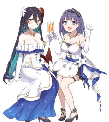 Rule 34 | 2girls, :d, black bow, black footwear, black hair, black hairband, blue eyes, blue hair, blush, bow, braid, breasts, champagne flute, cleavage, closed mouth, cup, dress, drink, drinking glass, flower, gloves, green eyes, gucchiann, hair between eyes, hair bow, hair flower, hair ornament, hairband, high heels, highres, holding, holding cup, large breasts, misora (princess connect!), multicolored hair, multiple girls, off-shoulder dress, off shoulder, open mouth, princess connect!, purple hair, ranpha (princess connect!), see-through clothes, see-through dress, shoes, simple background, sitting, skindentation, smile, streaked hair, striped bow, thigh strap, two-tone hair, white background, white dress, white flower, white gloves
