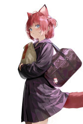 1girl absurdres akami_karubi animal_ears bag blue_eyes blush closed_mouth crazy_raccoon highres holding holding_bag kuroi_suna mcdonald&#039;s medium_hair paper_bag purple_serafuku purple_shirt purple_skirt red_hair school_uniform serafuku shirt shoulder_bag simple_background skirt solo tail virtual_youtuber white_background