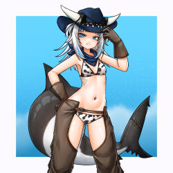 1girl animal_print bikini blue_eyes blue_hair blunt_bangs boots brown_gloves chaps cow_girl cow_print cow_print_bikini cowboy_boots cowboy_hat cowboy_western fins fish_tail gawr_gura gills gloves grey_hair hat highres hololive hololive_english looking_at_viewer midriff multicolored_hair print_bikini shark_girl shark_tail solo streaked_hair superfann swimsuit tail two_side_up virtual_youtuber