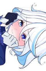 1girl asymmetrical_gloves blue_eyes blue_hair drop-shaped_pupils eyelash_ornament furina_(genshin_impact) genshin_impact gloves heterochromia highres irodo_1024 looking_down mismatched_gloves mismatched_pupils multicolored_hair simple_background solo streaked_hair symbol-shaped_pupils upper_body white_background