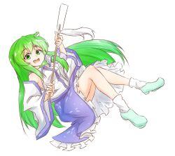 1girl aqua_shoes bare_shoulders blue_skirt collared_shirt detached_sleeves frog_hair_ornament gohei green_eyes green_hair hair_ornament hair_tubes holding holding_gohei kochiya_sanae long_hair shirt shoes single_hair_tube skirt smile snake_hair_ornament socks solo tarumaru thighs touhou white_background
