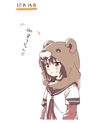 1girl animal_hood bear_hood blush_stickers brown_eyes brown_hair brown_sailor_collar closed_mouth commentary_request cropped_torso funami_yui highres hood hood_up layered_sleeves long_sleeves namori nanamori_school_uniform sailor_collar school_uniform shirt short_hair short_over_long_sleeves short_sleeves simple_background small_sweatdrop solo translation_request v-shaped_eyebrows white_background white_shirt yuru_yuri