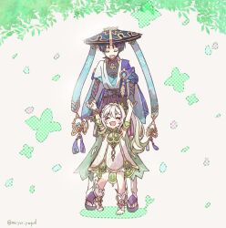 1boy 1girl anklet armlet armor arms_at_sides arms_up behind_another black_bodysuit black_bridal_gauntlets black_hair black_sandals black_shorts bloomers blue_gemstone blue_hat blue_kimono blue_sleeves blunt_ends blush bodysuit bracelet bridal_gauntlets cape closed_eyes colored_tips detached_sleeves dress eyeliner eyeshadow facing_down facing_viewer feathers full_body gem genshin_impact gold gold_trim green_cape green_hair hakama hakama_shorts han&#039;eri hat holding_hands japanese_armor japanese_clothes jewelry jingasa kimono kote kurokote layered_kimono layered_sleeves leg_warmers long_hair makeup mandarin_collar middle_ring miyo-maro multicolored_hair nahida_(genshin_impact) open_clothes open_kimono open_mouth pleated_shorts pom_pom_(clothes) purple_cape red_eyeliner red_eyeshadow sandals scaramouche_(genshin_impact) short_sleeves shorts shoulder_peek side_ponytail sidelocks socks standing stirrup_footwear toes twitter_username underwear vision_(genshin_impact) wanderer_(genshin_impact) white_bloomers white_dress white_hair white_kimono white_leg_warmers white_sleeves white_socks white_trim yellow_feathers zouri