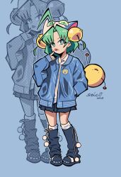 1girl absurdres ahoge animal_hat blue_jacket cat_hat dejiko di_gi_charat full_body gema green_eyes green_hair hand_in_pocket hat highres jacket long_sleeves looking_at_viewer pleated_skirt seisyun_c0mplex signature skirt solo tongue tongue_out zoom_layer