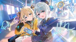 Rule 34 | 2girls, :3, :d, absurdres, ahoge, amagai ruka, appare hinata, beret, blonde hair, blue hair, blue hat, blue jacket, blurry, blurry background, buttons, cellphone, center-flap bangs, character signature, collared shirt, commentary request, day, double-breasted, double-parted bangs, earphones, frilled jacket, frills, gold trim, grey hair, hair between eyes, hair ornament, hairclip, hand up, hat, head tilt, highres, holding, holding phone, jacket, legs together, looking at viewer, multicolored hair, multiple girls, official art, open mouth, phone, plaid clothes, plaid skirt, pleated skirt, reaching, reaching towards viewer, shared earphones, shirt, sitting, skirt, sleeves past wrists, smartphone, smile, streaked hair, thighhighs, train interior, two side up, v, virtual youtuber, weather planet, white shirt, white skirt, white thighhighs, yellow jacket, you shimizu