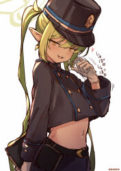 1girl aosora2823 artist_name black_hat black_jacket blue_archive check_translation commentary gloves green_hair green_halo halo handjob_gesture hat jacket long_hair looking_at_viewer mesugaki midriff motion_lines navel nozomi_(blue_archive) open_mouth revision simple_background smile solo translation_request twintails very_long_hair white_background white_gloves yellow_eyes