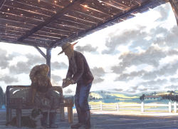 1boy 1girl bench boots cloud day dog farm farmer fence hat holding holding_jewelry holding_ring jewelry landscape marriage_proposal old old_man old_woman original putting_on_jewelry revision ring rubber_boots rural sime_(echo) sitting sky smile standing
