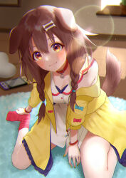 Rule 34 | 1girl, :3, absurdres, animal ears, blush, bone hair ornament, braid, breasts, brown eyes, brown hair, buttons, carpet, cleavage, closed mouth, commentary, dog ears, dog girl, dog tail, dress, fangs, hair between eyes, hair ornament, hairclip, highres, hololive, inugami korone, inugami korone (1st costume), jacket, large breasts, lens flare, long hair, looking at viewer, loose socks, low twin braids, nintendo switch, off shoulder, red socks, rozics, short dress, sitting, smile, socks, solo, tail, twin braids, virtual youtuber, wariza, white dress, yellow jacket