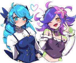 2girls absurdres ahoge bare_shoulders black_bow blue_bow blue_corset blue_eyes blue_hair blush bow breasts collar colored_skin commentary corset crop_top dress drill_hair english_commentary flower frilled_shirt_collar frilled_sleeves frills gradient_hair green_skin gwen_(league_of_legends) hair_bow hair_flower hair_ornament hairband hand_on_own_hip hand_up heart high_collar highres juliet_sleeves league_of_legends lolita_hairband long_hair long_sleeves looking_at_viewer medium_hair midriff monakan_japan multicolored_hair multiple_girls neeko_(league_of_legends) off-shoulder_shirt off_shoulder one_eye_closed open_mouth orange_eyes pink_flower pink_hair puffy_sleeves purple_hair shirt sidelocks smile swept_bangs symbol-shaped_pupils teeth twin_drills twintails upper_body w white_background white_collar white_shirt white_sleeves x-shaped_pupils