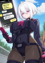 1girl black_bodysuit bodysuit breasts choker covered_navel cowboy_shot hair_between_eyes highleg highleg_leotard highres holding holding_phone holster isshiki_chaos large_breasts leotard mahjong_fight_girl phone pink_eyes saitou_touko short_hair skin_tight solo translation_request white_hair