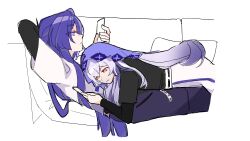 absurdres acheron_(honkai:_star_rail) black_swan_(honkai:_star_rail) breasts cellphone couch couple cushion denial0709 hair_over_one_eye highres holding holding_phone honkai:_star_rail honkai_(series) indoors large_breasts long_hair looking_at_object looking_at_phone lying multicolored_hair multiple_girls on_couch phone purple_eyes purple_hair shirt smartphone streaked_hair very_long_hair white_shirt yuri