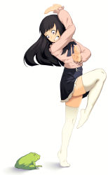 1girl belt black_belt black_hair black_ribbon black_skirt blue_eyes clenched_teeth dyun full_body hand_up highres long_hair long_sleeves miniskirt neck_ribbon original pink_shirt red_eyes ribbon scared shirt simple_background skirt solo standing standing_on_one_leg tears teeth thighhighs tiptoes white_background white_thighhighs wide-eyed