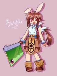 Rule 34 | 1girl, animal ears, backpack, bag, bandaid, bandaid on knee, bandaid on leg, belt, blue belt, blue socks, boots, breasts, brown boots, brown hair, brown shorts, commentary request, dated, eric flay, fake animal ears, fingerless gloves, full body, gloves, highres, long hair, looking at viewer, low ponytail, open mouth, pink background, pink bag, ponytail, rabbit ears, ragnarok online, red eyes, shirt, shorts, simple background, sleeveless, sleeveless shirt, small breasts, smile, socks, solo, standing, super novice (ragnarok online), white shirt
