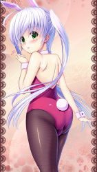1girl animal_ears ass detached_collar fake_animal_ears female_focus fishnet_pantyhose fishnets fortune_arterial green_eyes highres koromia leotard long_hair pantyhose playboy_bunny rabbit_ears rabbit_tail solo tail tougi_shiro twintails white_hair wrist_cuffs