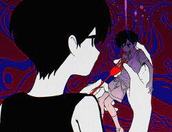 Rule 34 | 2boys, abstract background, antenna hair, bags under eyes, bare arms, bare shoulders, black eyes, black hair, black shirt, blood, bloody tears, blue background, blue blood, chromatic aberration, closed mouth, collared shirt, colored skin, commentary request, dual persona, empty eyes, expressionless, eye contact, face-to-face, feet out of frame, fork, from behind, hair behind ear, hair between eyes, highres, holding, holding fork, holding mini person, knees together feet apart, looking at another, male focus, mini person, miniboy, multiple boys, no mouth, no pupils, omori, omori (omori), partially colored, portrait, red background, rou (h s sinrin), shirt, shoes, short hair, short sleeves, shorts, simple background, sleeveless, sleeveless shirt, sunny (omori), sweater vest, two-tone background, very short hair, white skin