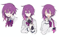 1girl androgynous azuma_shino black_ribbon bow braid brooch collage expressionless fingerless_gloves gloves hair_ribbon hand_on_own_wrist hand_up jewelry nervous nia_(azuma_shino) purple_bow purple_eyes purple_hair ribbon shirt simple_background single_glove sketch smile sweatdrop white_background white_shirt