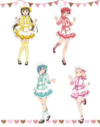 4girls artbook beret blonde_hair blue_eyes blue_hair bow brown_eyes brown_hair closed_mouth frilled_skirt frills full_body green_bow green_eyes green_skirt hair_between_eyes hat heart highres jacket layered_skirt long_hair long_sleeves looking_at_viewer love_live! love_live!_superstar!! multiple_girls non-web_source official_art onitsuka_natsumi open_mouth orange_eyes patterned_background pink_eyes pink_skirt red_hair red_skirt ribbon sailor_collar sakurakoji_kinako shoes short_hair skirt smile socks standing standing_on_one_leg thighhighs twintails wakana_shiki waving_arm yellow_jacket yellow_skirt yoneme_mei