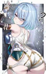 1girl ? against_wall ass ass_focus bare_shoulders blue_eyes blue_hair blush breast_press breasts dreizehn_(shadowverse) elbow_gloves embarrassed fingerless_gloves from_behind gloves highres huge_ass large_breasts leotard looking_at_viewer medium_hair np5034674217827 shadowverse shadowverse:_worlds_beyond sideboob solo