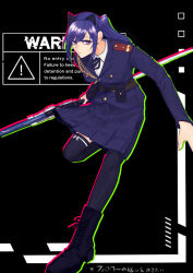 1girl animal_ears assault_lily belt belt_pouch black_background black_boots black_ribbon black_thighhighs blue_hair blue_jacket blue_skirt boots bow brown_belt cat_ears collared_shirt commentary_request doanobu8817 epaulettes fake_animal_ears foot_out_of_frame green_outline hashtag highres holding holding_weapon ishikawa_aoi jacket lace-up_boots leaning_forward leg_up long_hair long_sleeves looking_at_viewer miniskirt neck_ribbon outline parted_lips pleated_skirt pouch purple_eyes red_outline ribbon school_uniform shirt side_ponytail sign skirt solo standing standing_on_one_leg thigh_bow thighhighs translation_request warning_sign weapon white_bow