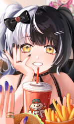 2girls absurdres bare_shoulders black_bow black_choker black_hair black_nails blue_nails blurry blurry_background blurry_foreground blush bow burger choker commentary cup disposable_cup english_commentary female_pov food french_fries grey_hair grin hair_bow hair_ornament hairpin hand_on_own_cheek hand_on_own_face heart highres hololive hololive_english jewelry kfp_employee_(takanashi_kiara) long_hair multicolored_hair multiple_girls multiple_hairpins nail_polish nerissa_ravencroft poster_(object) pov pov_hands ring shibedraws shiori_novella smile solo_focus split-color_hair streaked_hair studded_choker twintails two-tone_hair very_long_fingernails virtual_youtuber yellow_eyes