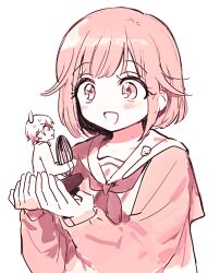 Rule 34 | 1boy, 1girl, blonde hair, blush, cardigan, hands up, jihecchi, mini person, miniboy, neckerchief, ootori emu, open mouth, pink cardigan, pink eyes, pink hair, pink neckerchief, project sekai, sailor collar, seed, simple background, smile, sunflower seed, sweat, sweatdrop, tenma tsukasa, white background, white sailor collar, yellow eyes