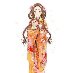 Rule 34 | 1girl, animal, braid, breasts, brown eyes, brown hair, flower, hair flower, hair ornament, holding, holding animal, ice (ice aptx), japanese clothes, kimono, kushinada (uchi no hime-sama), long hair, monkey, multicolored eyes, orange kimono, side braids, twin braids, uchi no hime-sama ga ichiban kawaii, very long hair, wide sleeves, yellow eyes