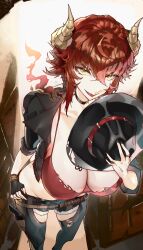 1girl absurdres black_chaps black_choker black_gloves black_hat black_jacket black_nails black_shorts breasts choker cleavage commentary dragon_girl dragon_horns fingerless_gloves gloves hand_on_own_hip hat highres holding holding_unworn_clothes holding_unworn_hat holster horns jacket jewelry large_breasts looking_at_viewer nail_polish open_mouth red_hair red_shirt ring shirt short_hair short_shorts shorts single_glove sleeplessrhythm smile solo symbol-only_commentary thigh_holster unworn_hat unworn_headwear virtual_youtuber vshojo yellow_eyes zentreya zentreya_(dragon) zentreya_(dragon)_(outlaw)