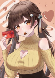 1girl absurdres black_skirt box breasts brown_eyes brown_hair candy chocolate chocolate_heart cleavage_cutout clothing_cutout commentary_request food food_in_mouth gift gundam68 hair_ornament heart heart-shaped_food heart_background heart_cutout highres holding holding_box holding_gift honkai:_star_rail honkai_(series) jingwei_(bird) large_breasts long_hair skirt solo sushang_(honkai:_star_rail) sweater turtleneck turtleneck_sweater upper_body valentine yellow_sweater