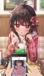 1boy 1girl blush booth_seating bow brown_hair cafe cellphone_charm charm_(object) cherry chomusuke eating food fruit hair_bow highres ice_cream ice_cream_float kono_subarashii_sekai_ni_shukufuku_wo! latte_art megumin pajamas phone red_eyes satou_kazuma short_hair yuno_(suke_yuno)