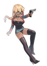 1girl black-framed_eyewear black_boots blonde_hair blue_eyes boots braid breasts chikuwa_fan973 cleavage closed_mouth commission dark-skinned_female dark_skin full_body glasses gun handgun high_heel_boots high_heels highres holding holding_gun holding_weapon large_breasts long_sleeves original semi-rimless_eyewear single_braid solo thigh_boots transparent_background under-rim_eyewear weapon